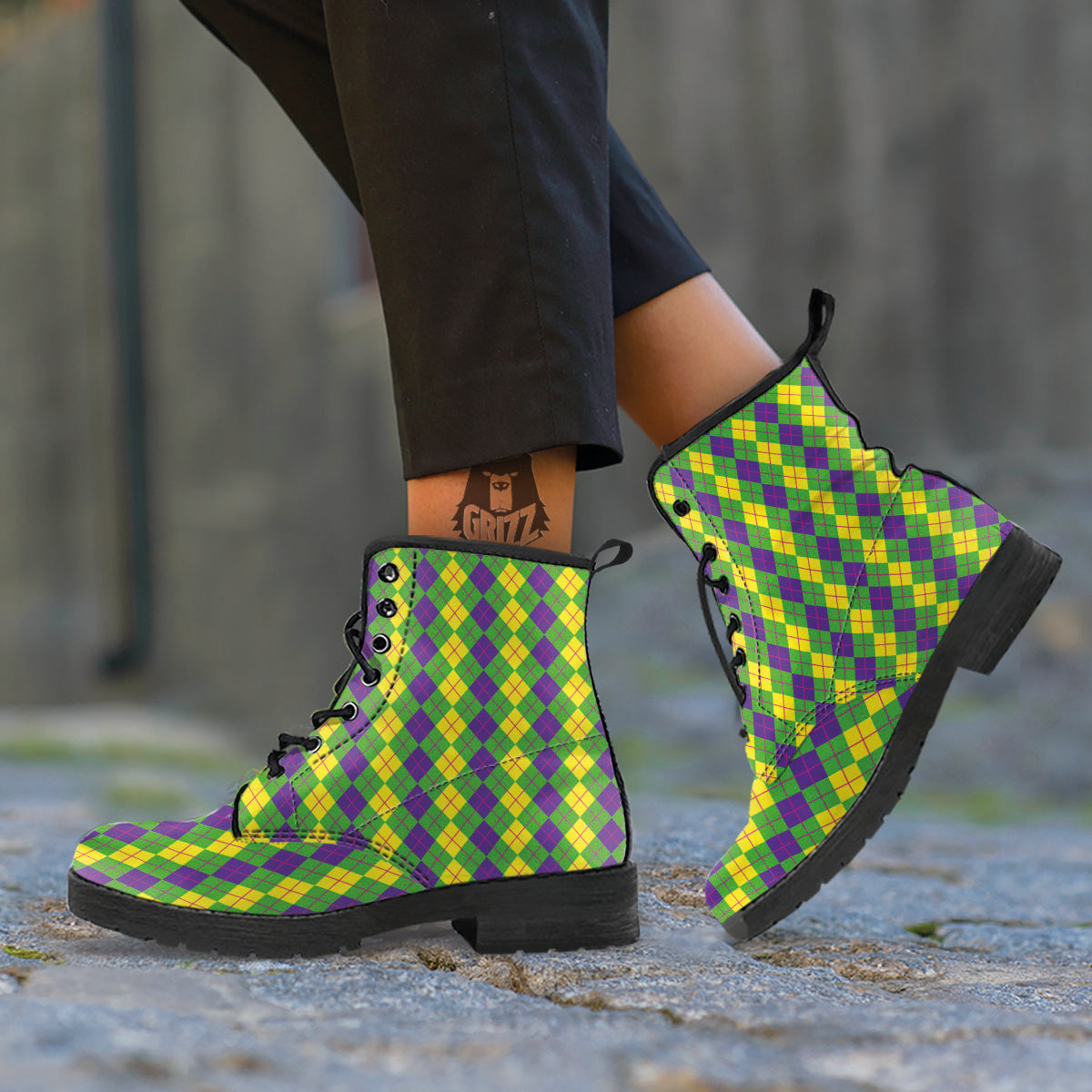 Argyle Mardi Gras Print Pattern Leather Boots-grizzshop