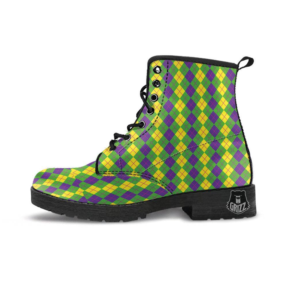 Argyle Mardi Gras Print Pattern Leather Boots-grizzshop