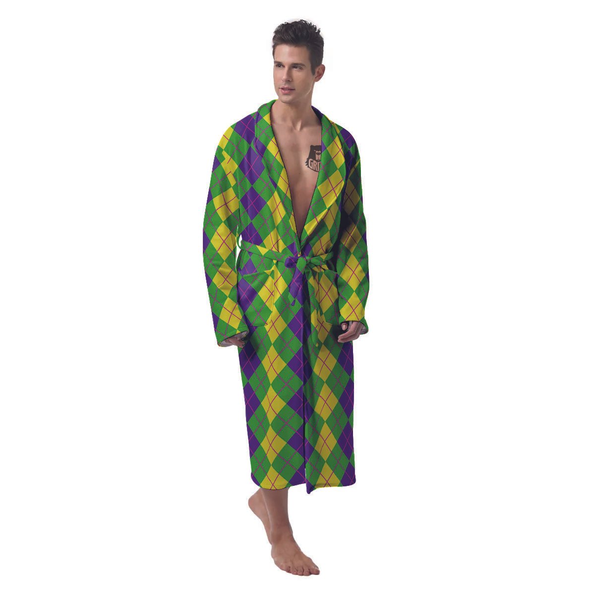 Argyle Mardi Gras Print Pattern Men's Robe-grizzshop