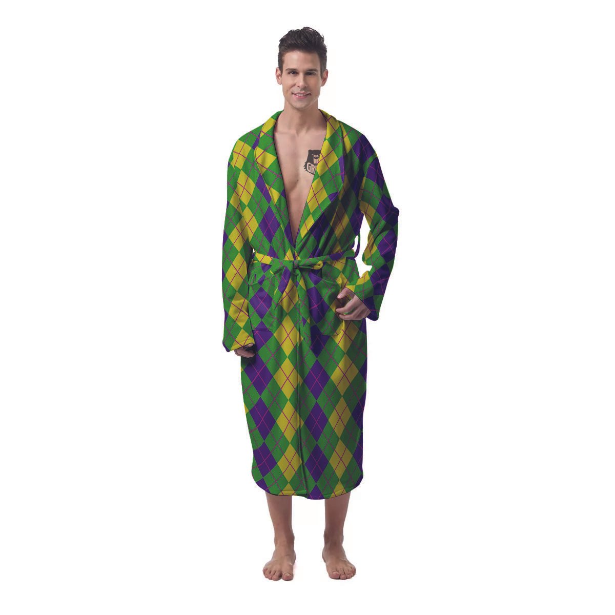 Argyle Mardi Gras Print Pattern Men's Robe-grizzshop