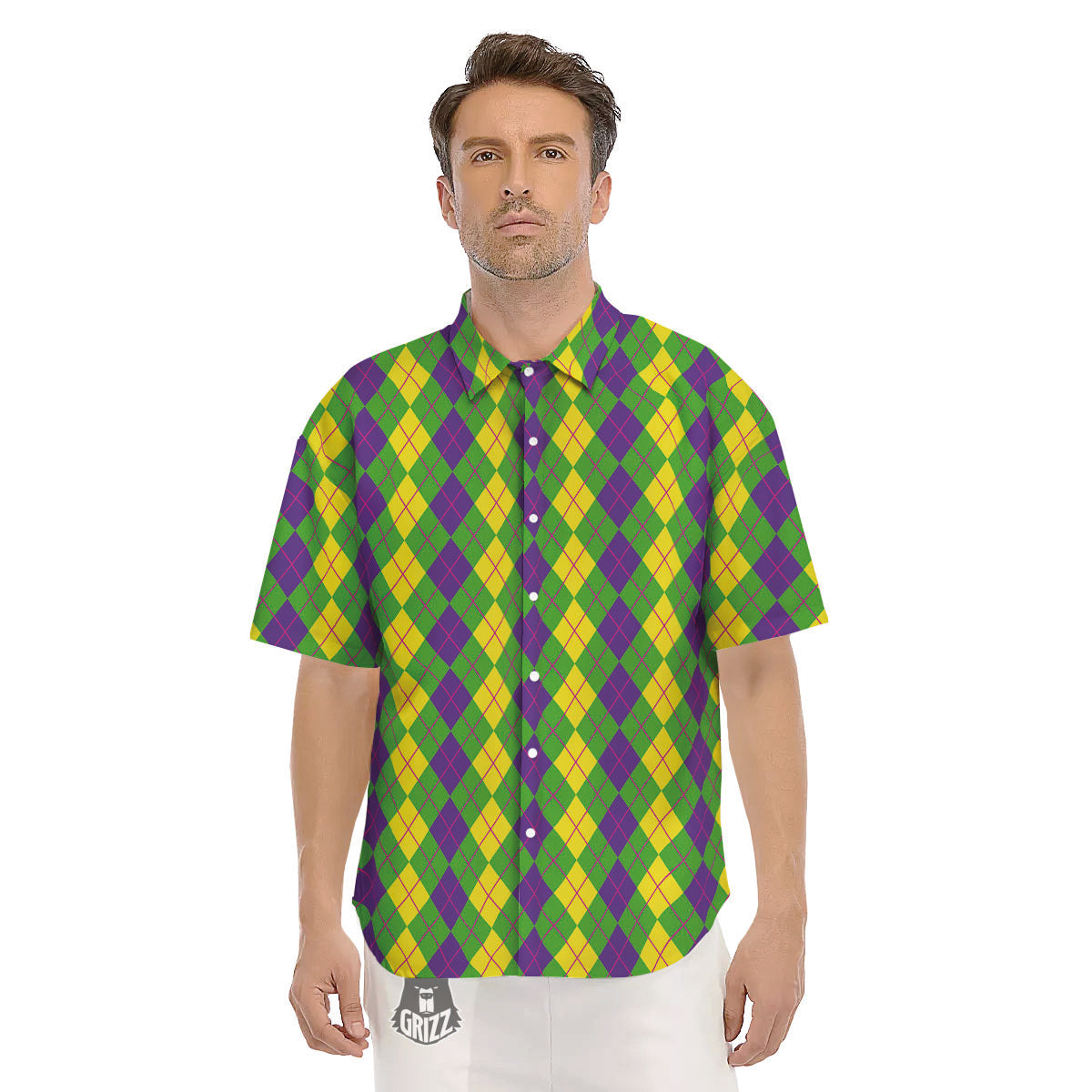 Argyle Mardi Gras Print Pattern Men's Short Sleeve Shirts-grizzshop