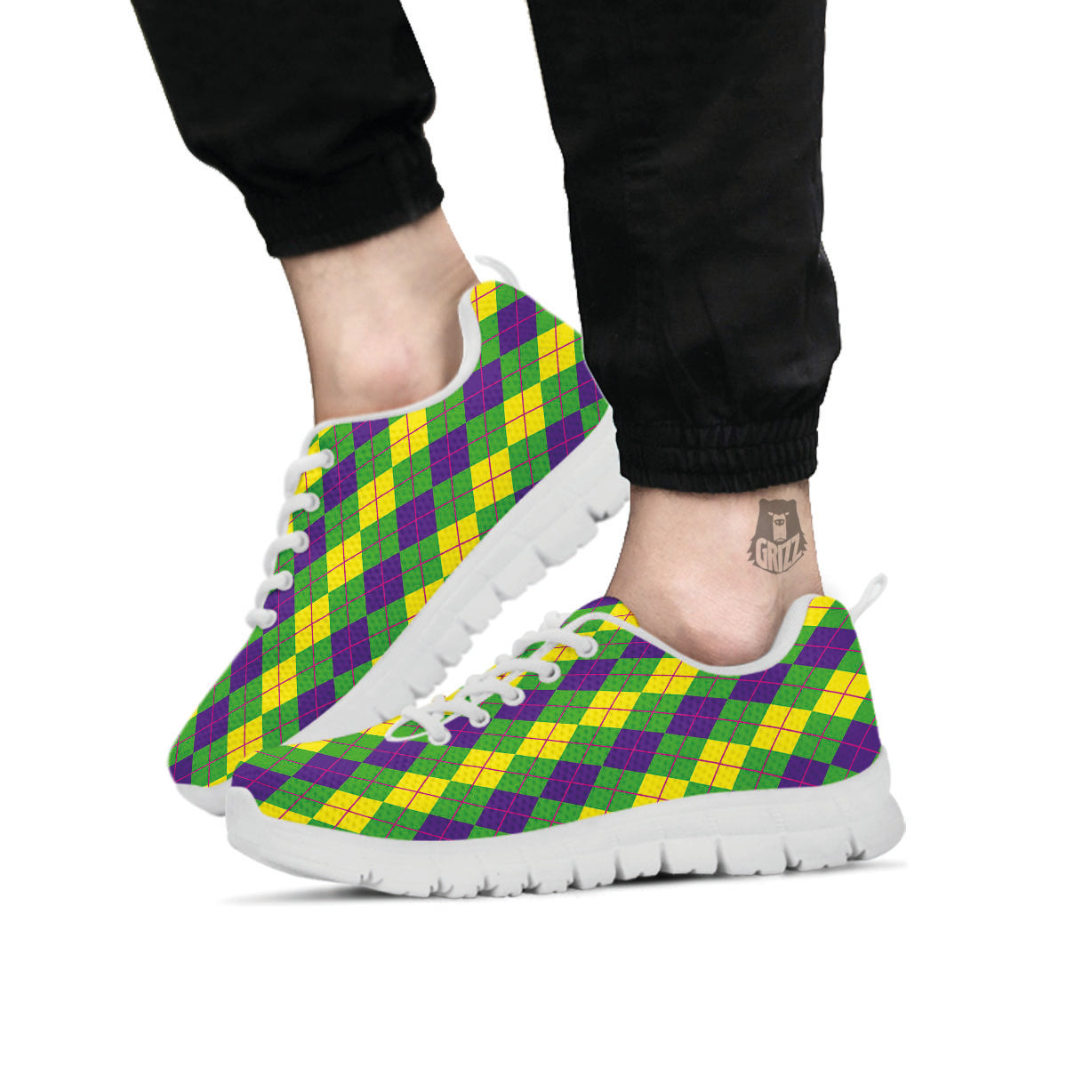Argyle Mardi Gras Print Pattern White Sneaker-grizzshop