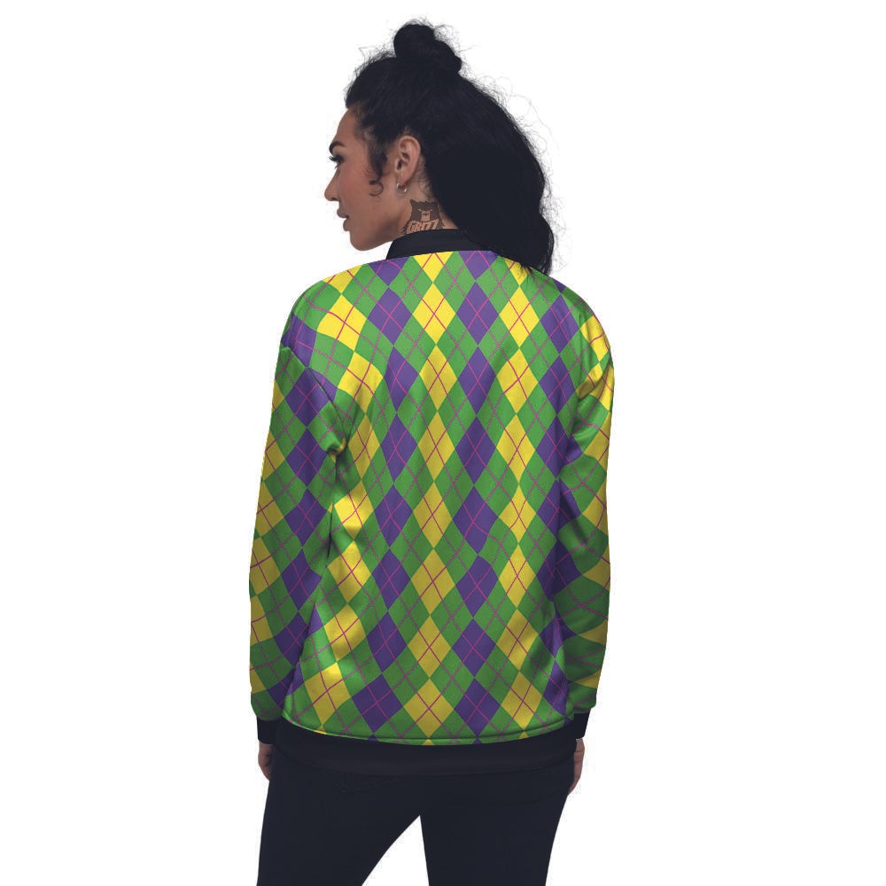 Argyle Mardi Gras Print Pattern Women's Bomber Jacket-grizzshop