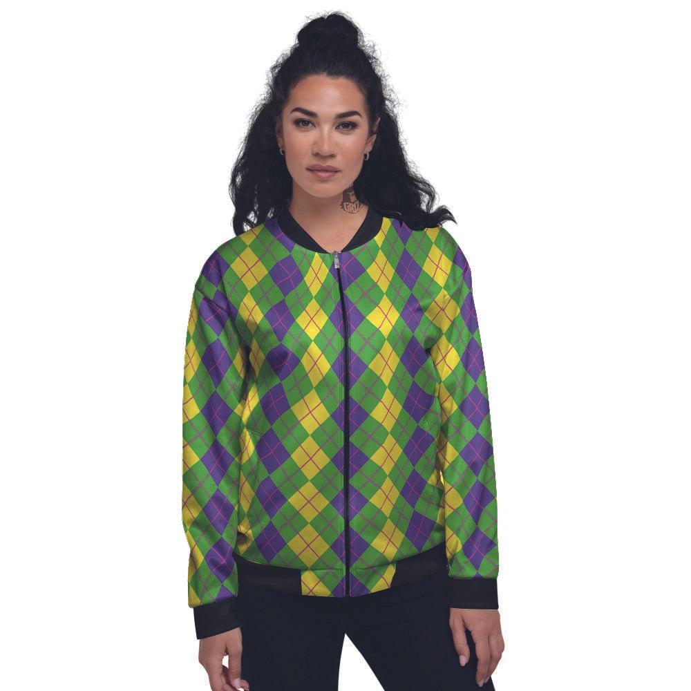 Argyle Mardi Gras Print Pattern Women's Bomber Jacket-grizzshop