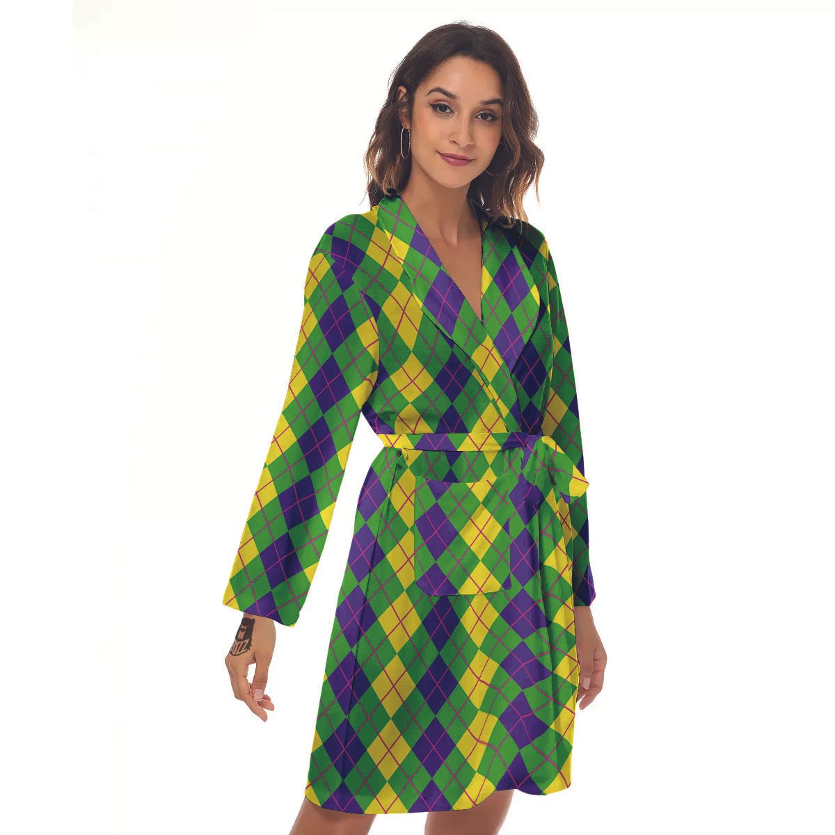 Argyle Mardi Gras Print Pattern Women's Robe-grizzshop