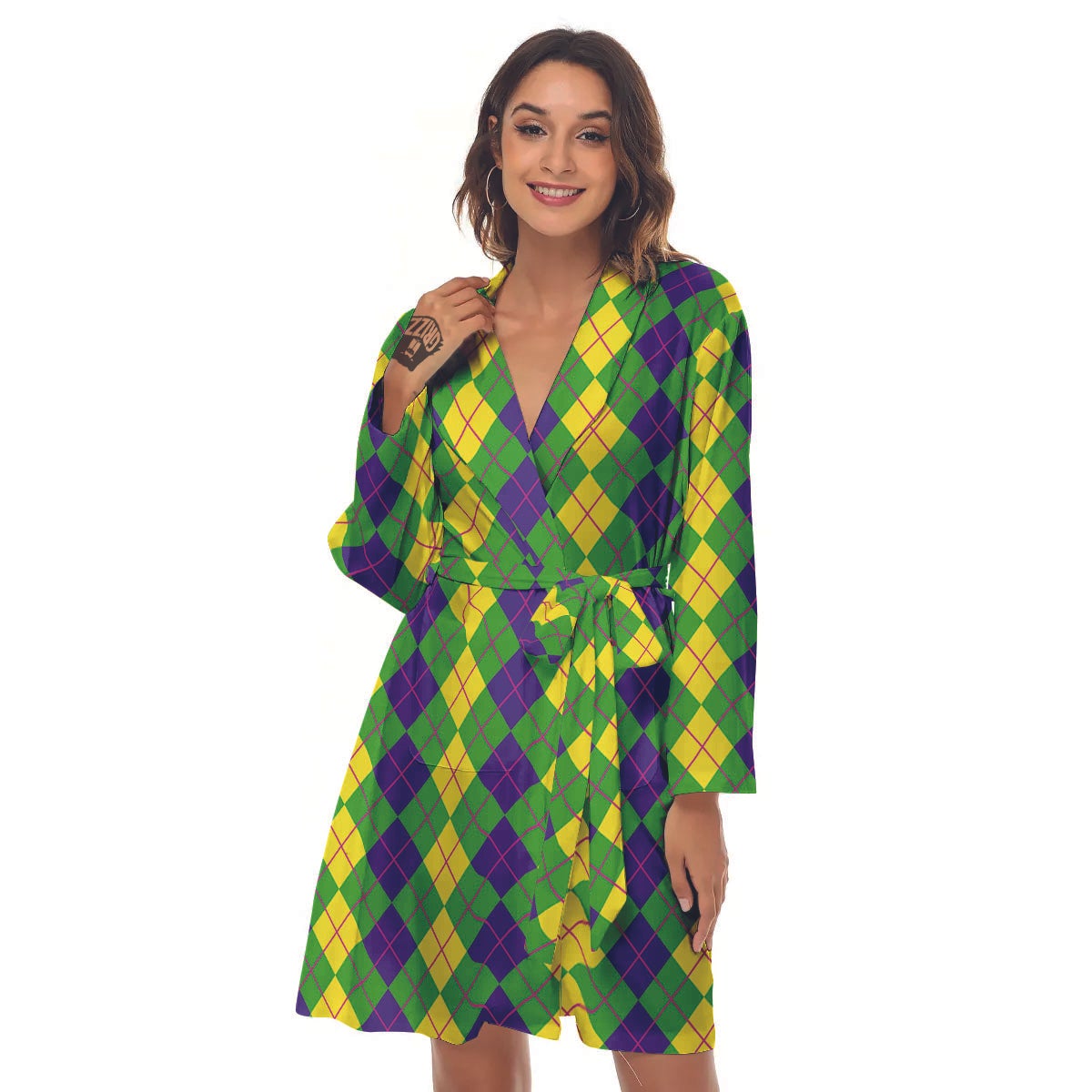 Argyle Mardi Gras Print Pattern Women's Robe-grizzshop