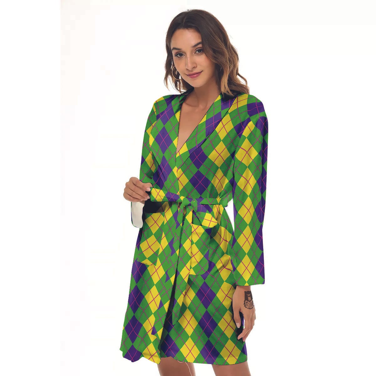 Argyle Mardi Gras Print Pattern Women's Robe-grizzshop