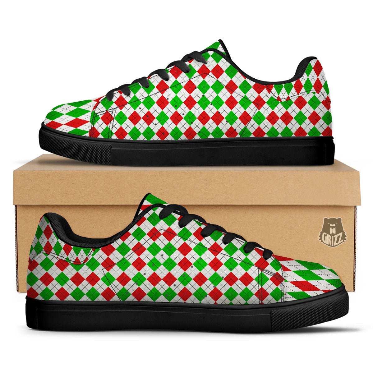 Argyle Merry Christmas Print Pattern Black Low Top Sneakers-grizzshop