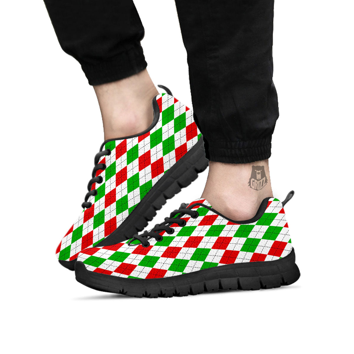 Argyle Merry Christmas Print Pattern Black Sneaker-grizzshop