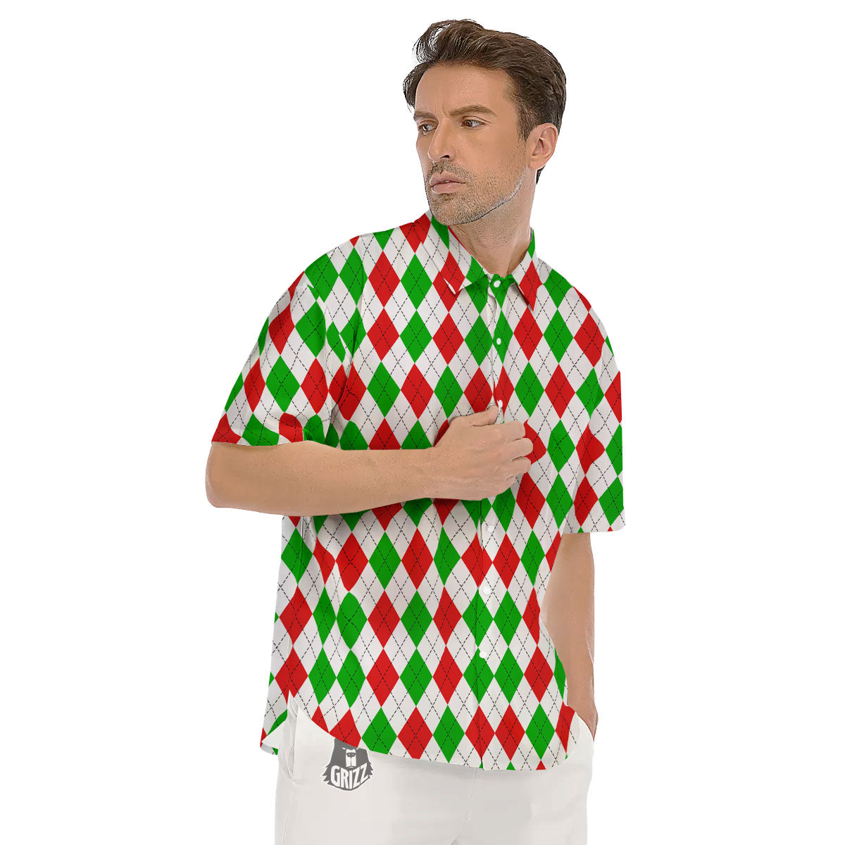 Argyle Merry Christmas Print Pattern Men's Short Sleeve Shirts-grizzshop