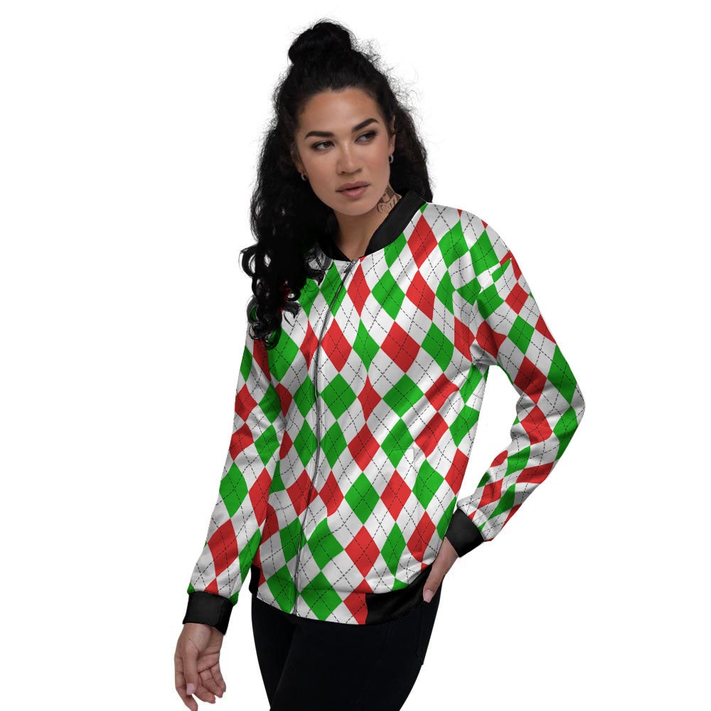 Argyle Merry Christmas Print Pattern Women's Bomber Jacket-grizzshop
