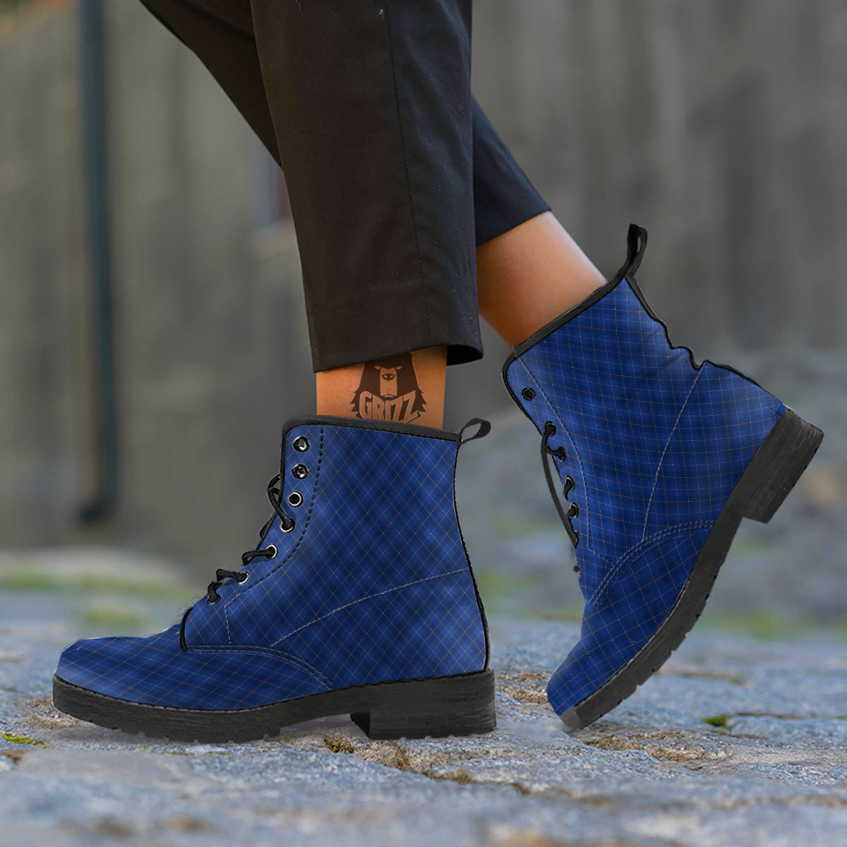 Argyle Navy Blue Print Pattern Leather Boots-grizzshop