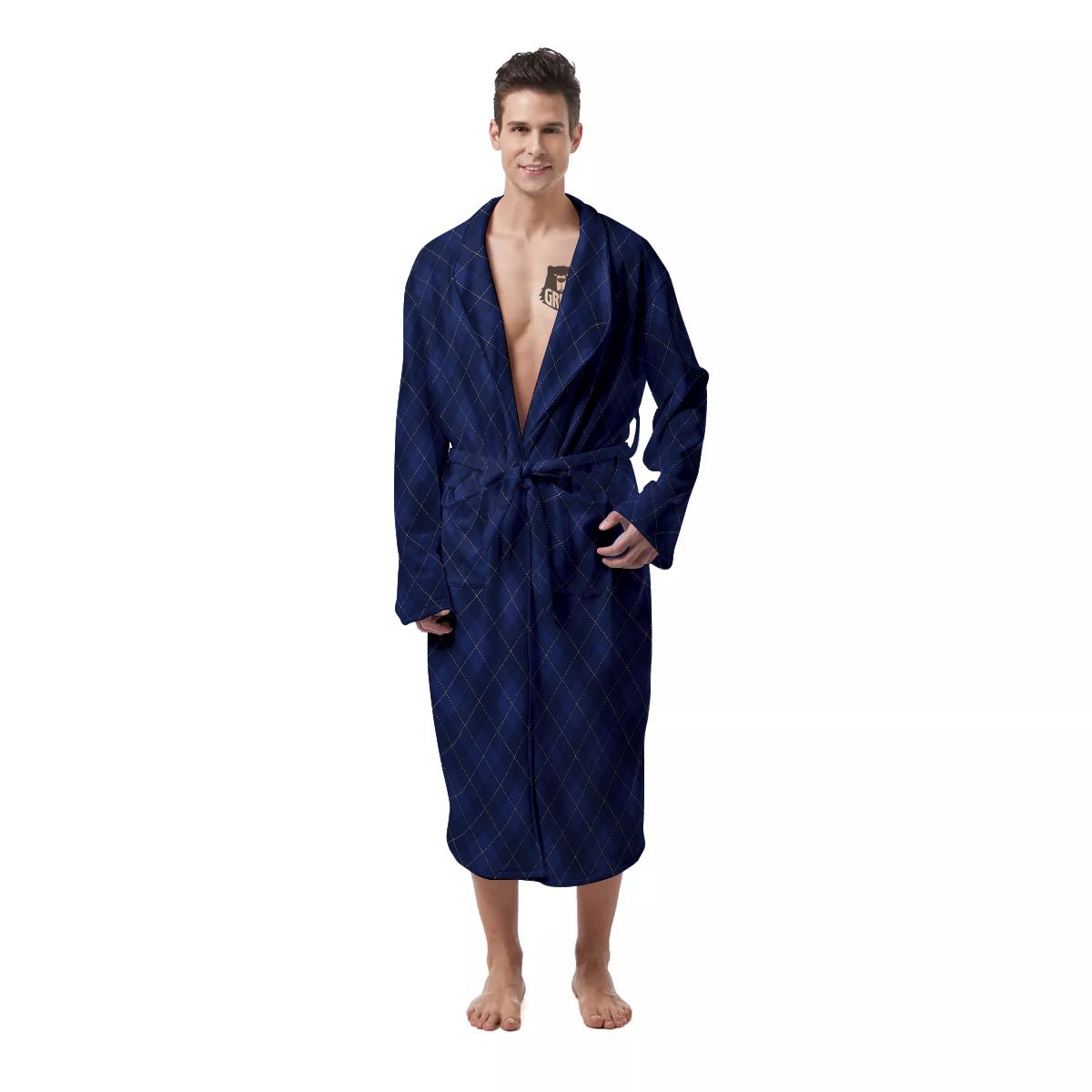 Argyle Navy Blue Print Pattern Men's Robe-grizzshop
