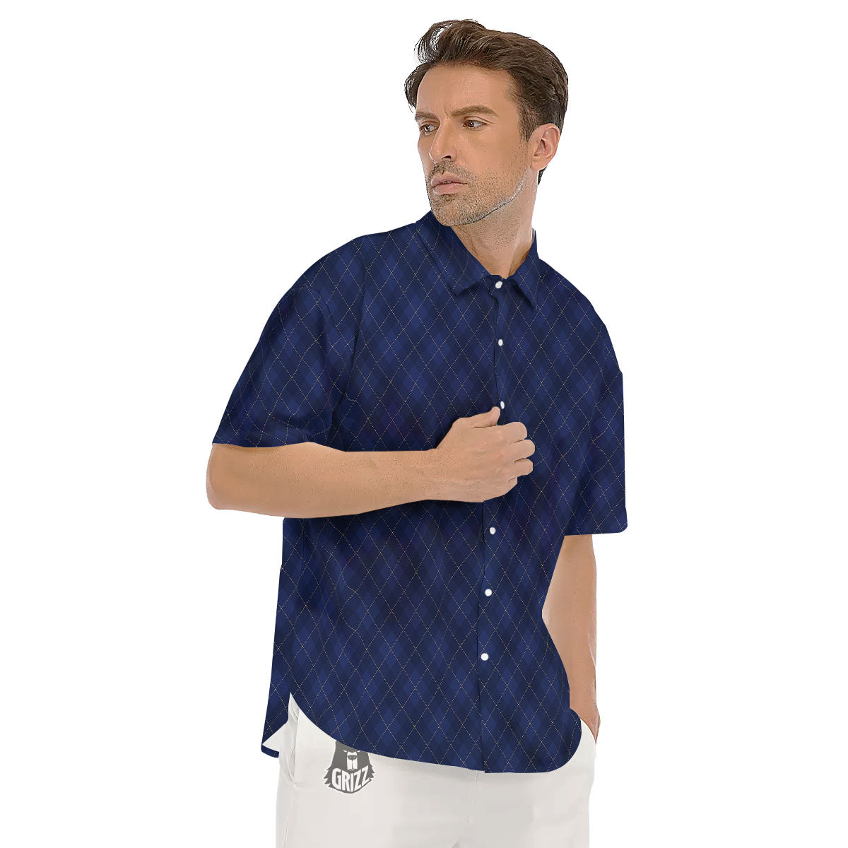 Argyle Navy Blue Print Pattern Men's Short Sleeve Shirts-grizzshop