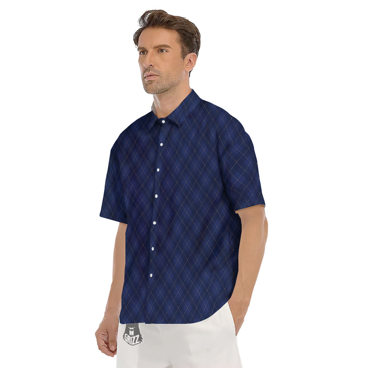 Argyle Navy Blue Print Pattern Men's Short Sleeve Shirts-grizzshop