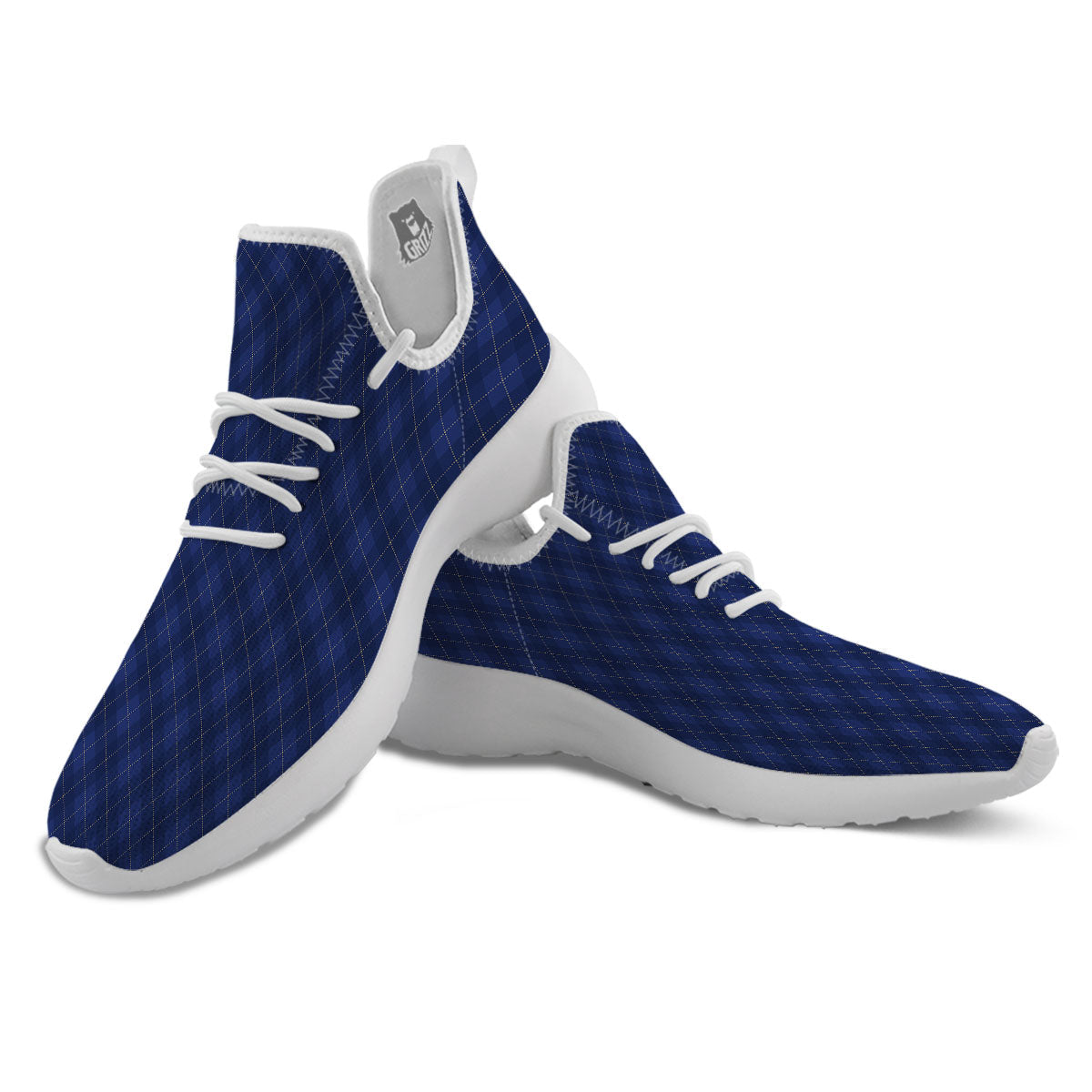 Argyle Navy Blue Print Pattern White Athletic Shoes-grizzshop