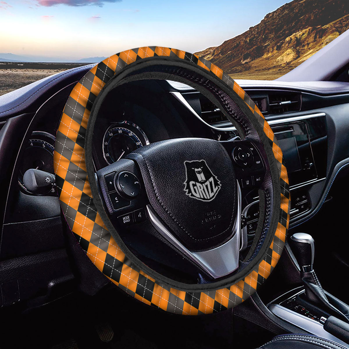Argyle Orange And Black Print Pattern Car Steering Wheel Cover-grizzshop