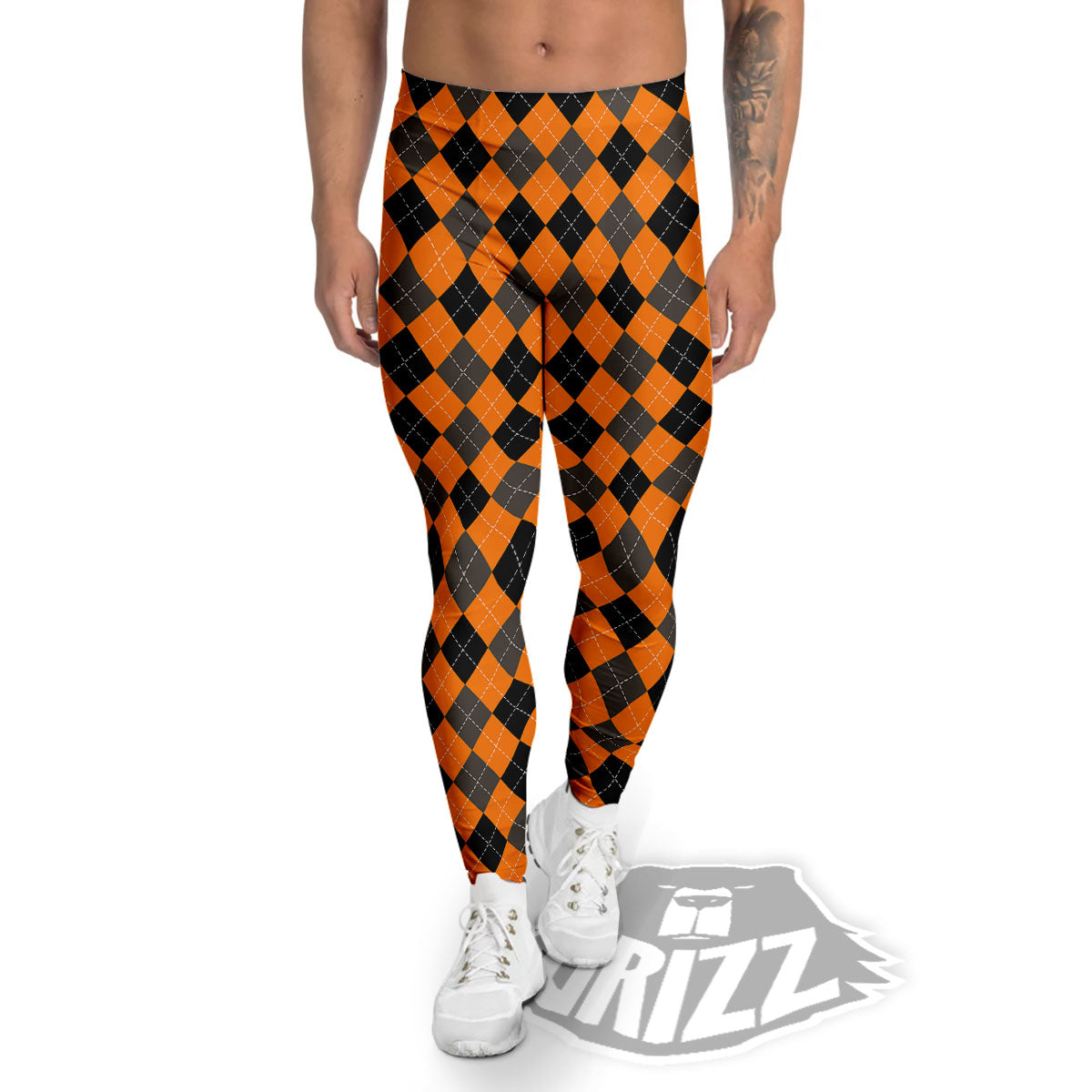 Argyle Orange And Black Print Pattern Men's Leggings-grizzshop