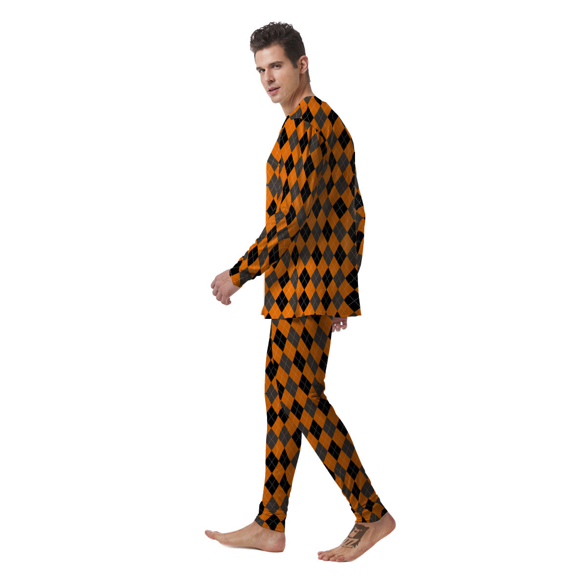 Argyle Orange And Black Print Pattern Men's Pajamas-grizzshop