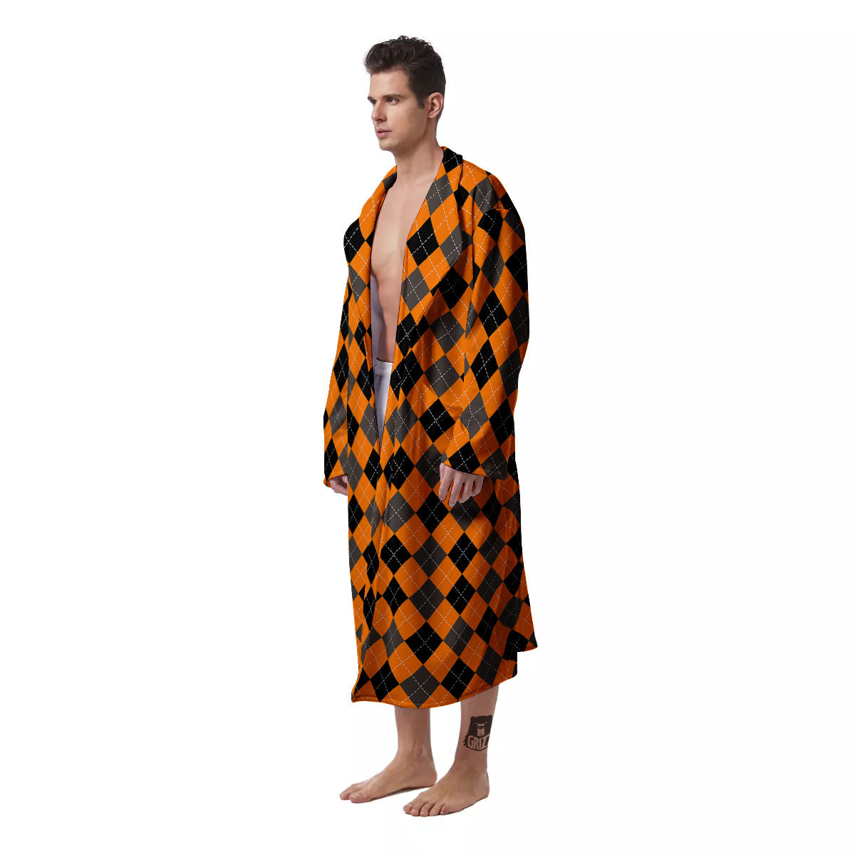Argyle Orange And Black Print Pattern Men's Robe-grizzshop