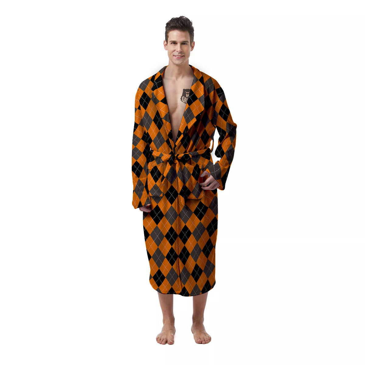 Argyle Orange And Black Print Pattern Men's Robe-grizzshop