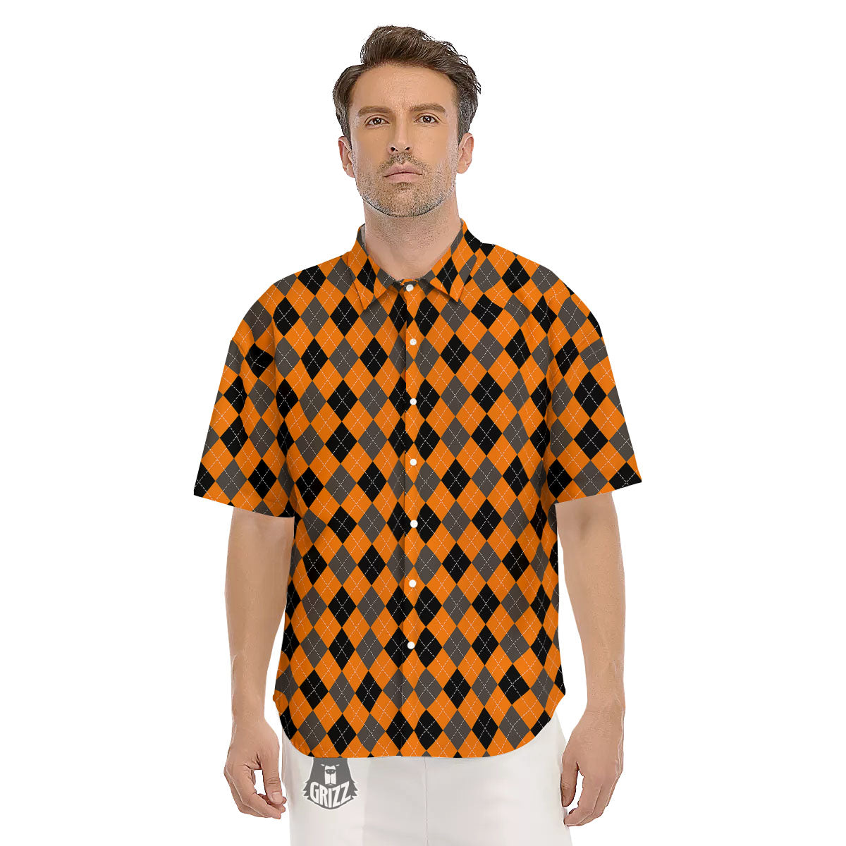 Argyle Orange And Black Print Pattern Men's Short Sleeve Shirts-grizzshop