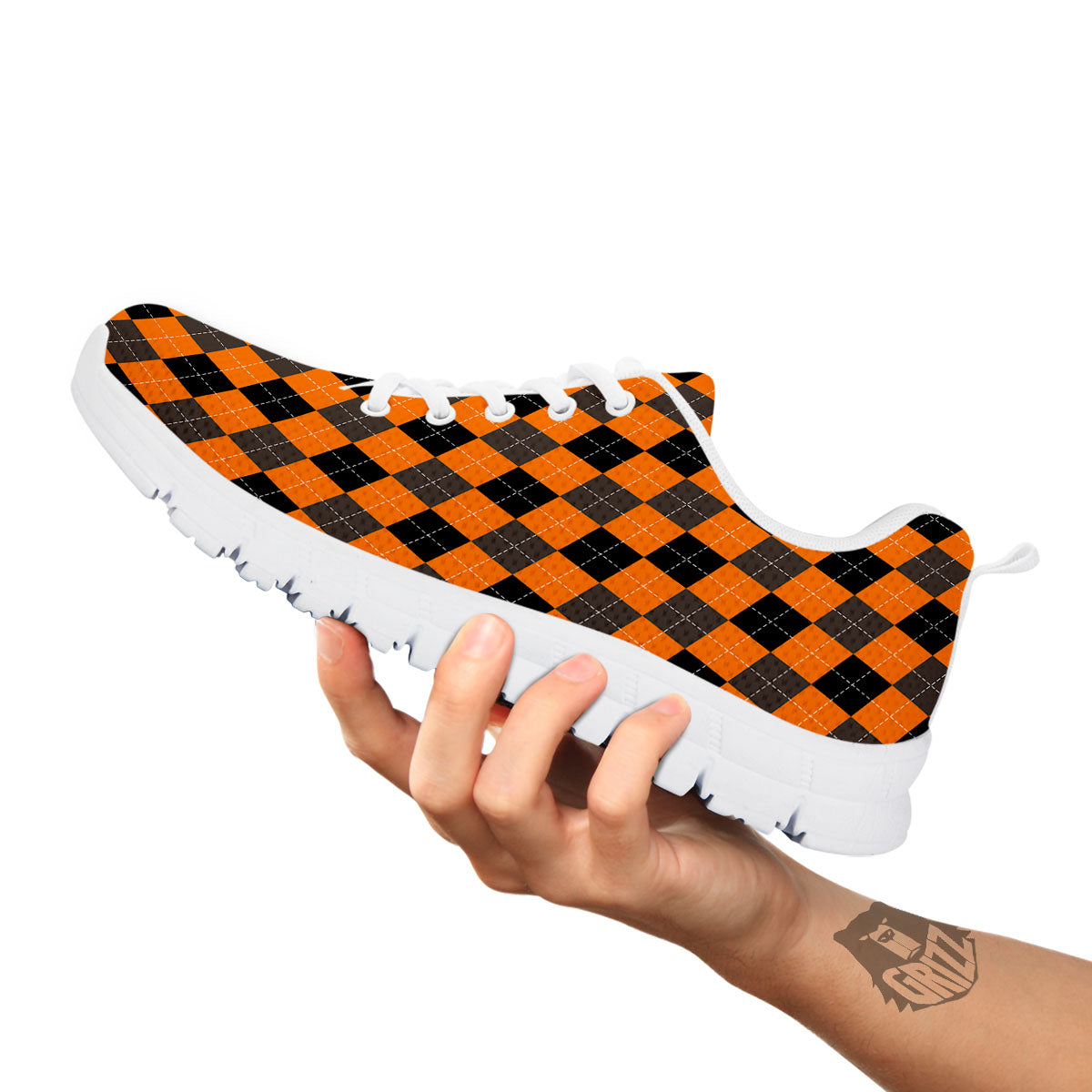 Argyle Orange And Black Print Pattern White Sneaker-grizzshop