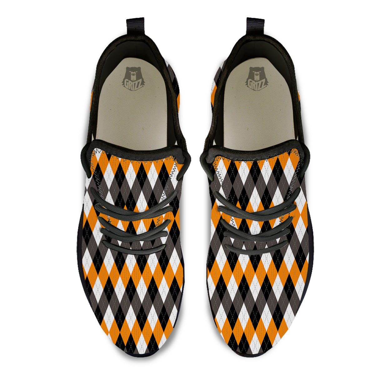 Argyle Orange Black And White Print Pattern Black Athletic Shoes-grizzshop