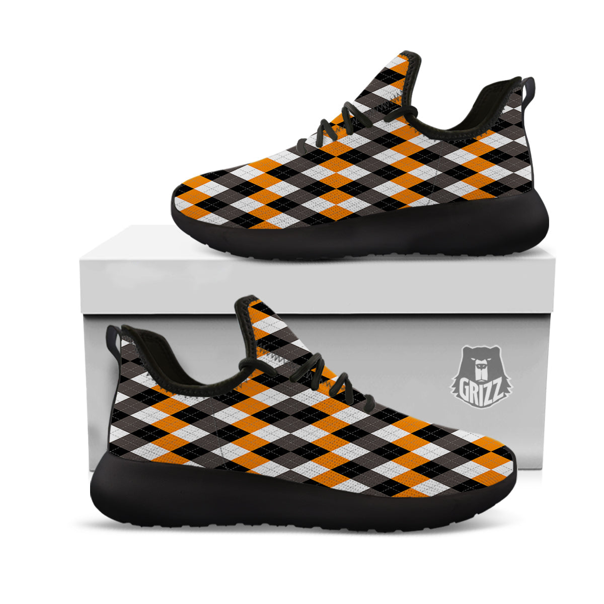Argyle Orange Black And White Print Pattern Black Athletic Shoes-grizzshop