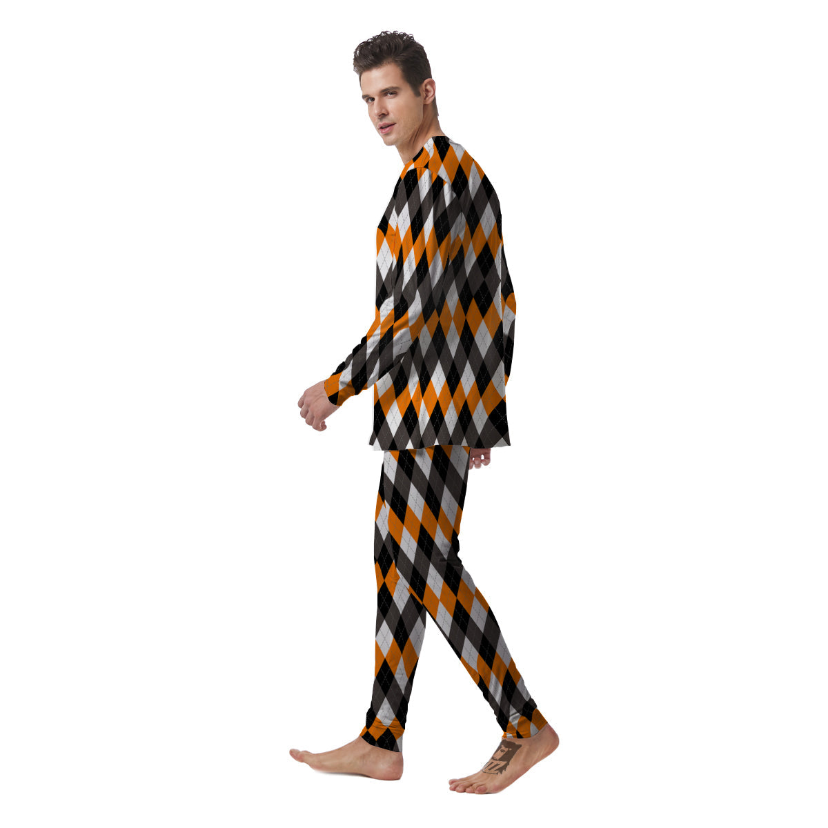 Argyle Orange Black And White Print Pattern Men's Pajamas-grizzshop