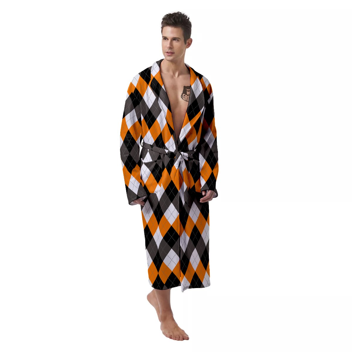 Argyle Orange Black And White Print Pattern Men's Robe-grizzshop