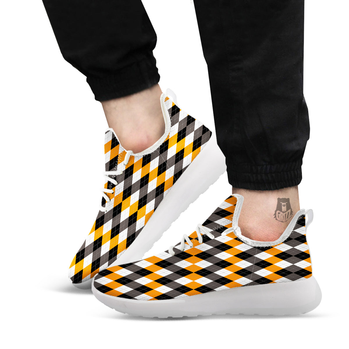 Argyle Orange Black And White Print Pattern White Athletic Shoes-grizzshop