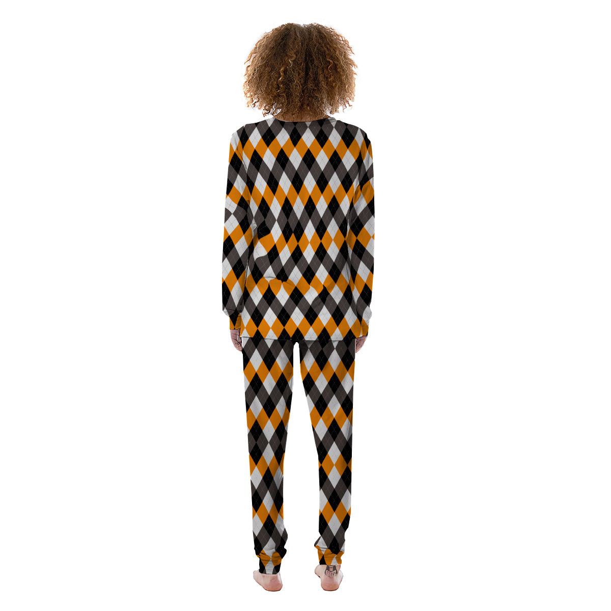 Argyle Orange Black And White Print Pattern Women's Pajamas-grizzshop