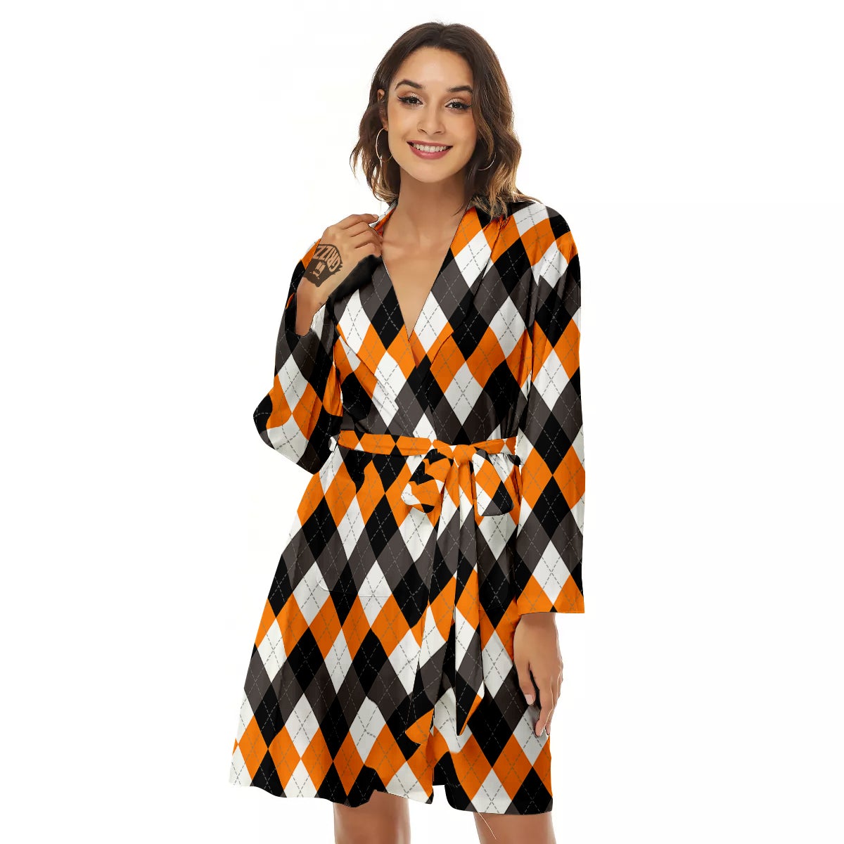 Argyle Orange Black And White Print Pattern Women's Robe-grizzshop