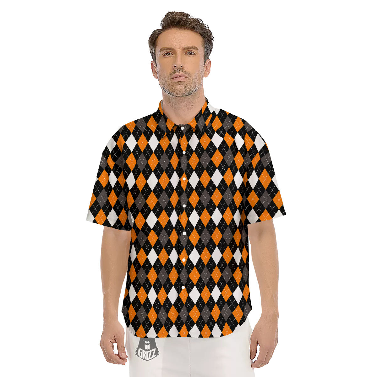 Argyle Orange Black Grey And White Print Men's Short Sleeve Shirts-grizzshop