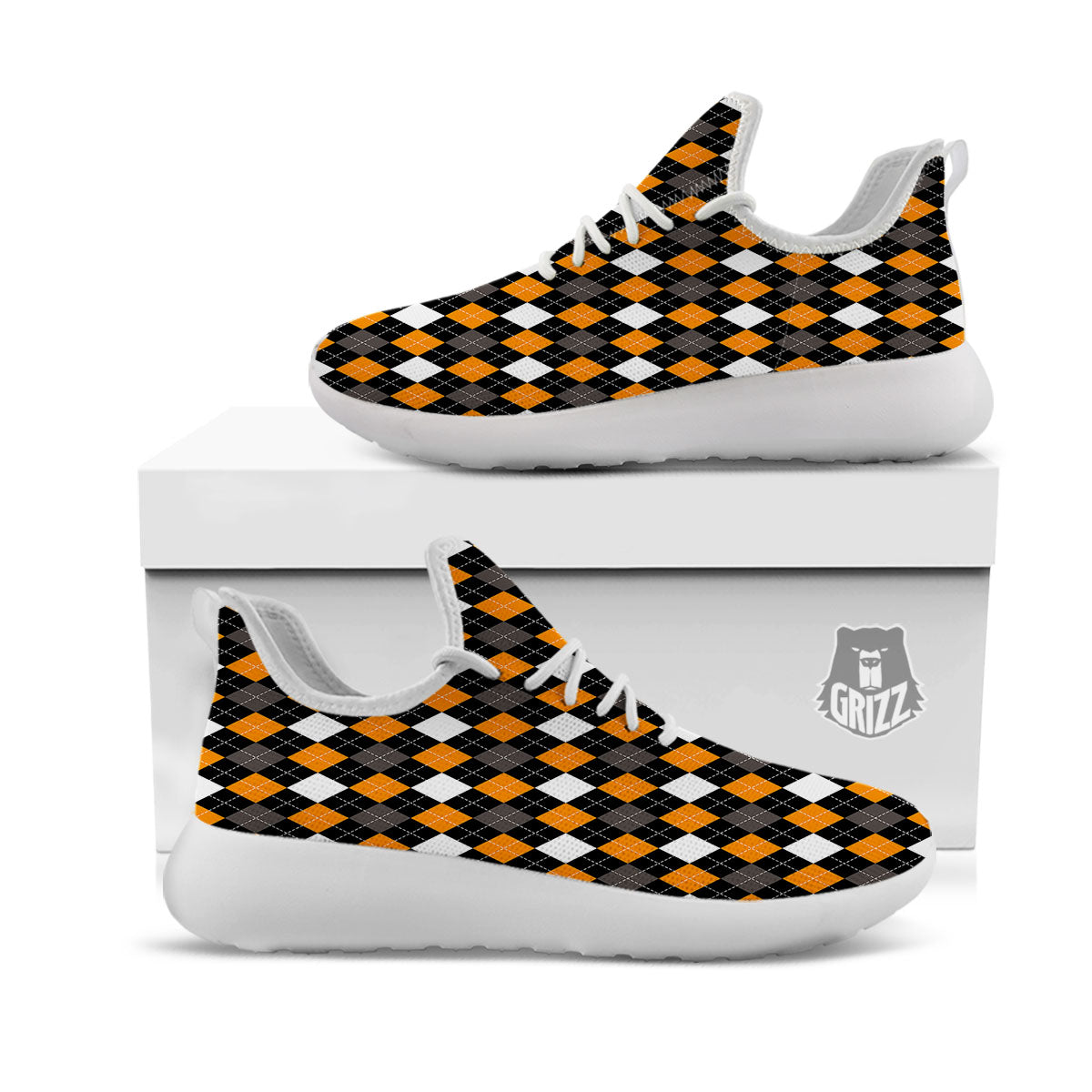 Argyle Orange Black Grey And White Print White Athletic Shoes-grizzshop