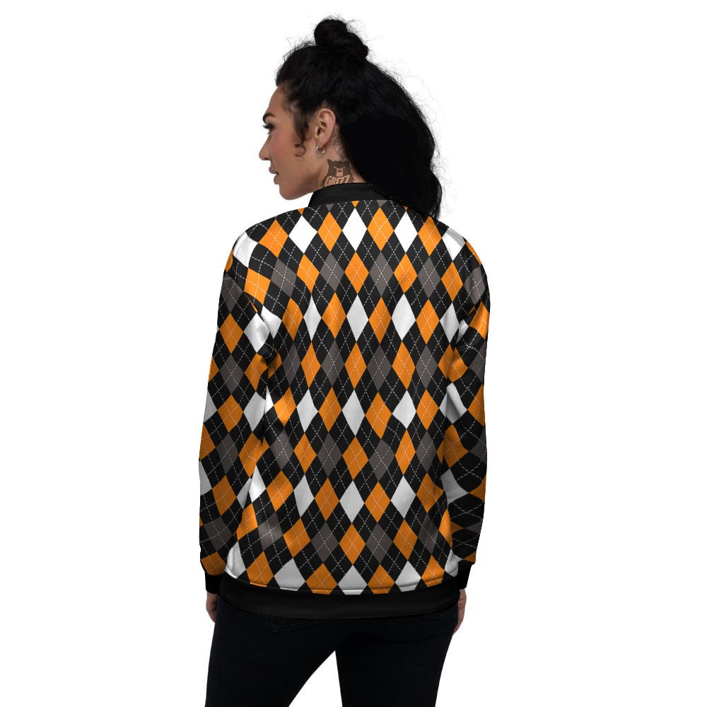 Argyle Orange Black Grey And White Print Women's Bomber Jacket-grizzshop