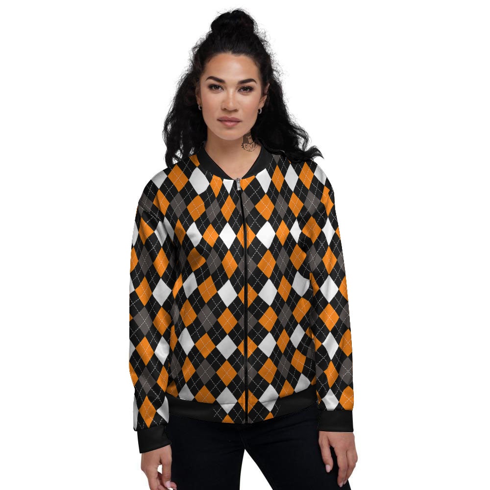 Argyle Orange Black Grey And White Print Women's Bomber Jacket-grizzshop