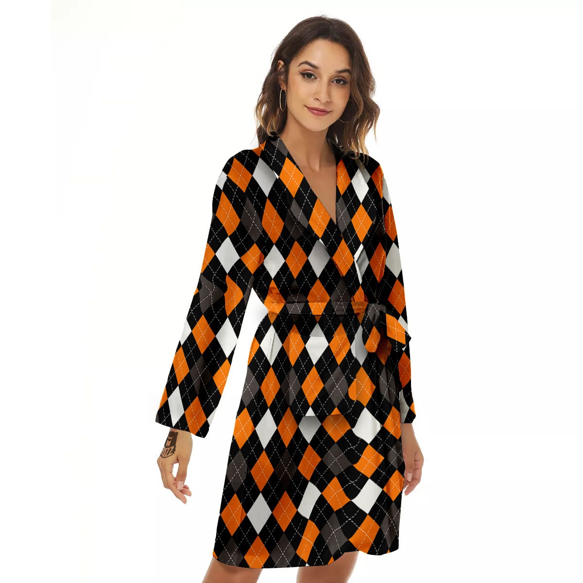Argyle Orange Black Grey And White Print Women's Robe-grizzshop
