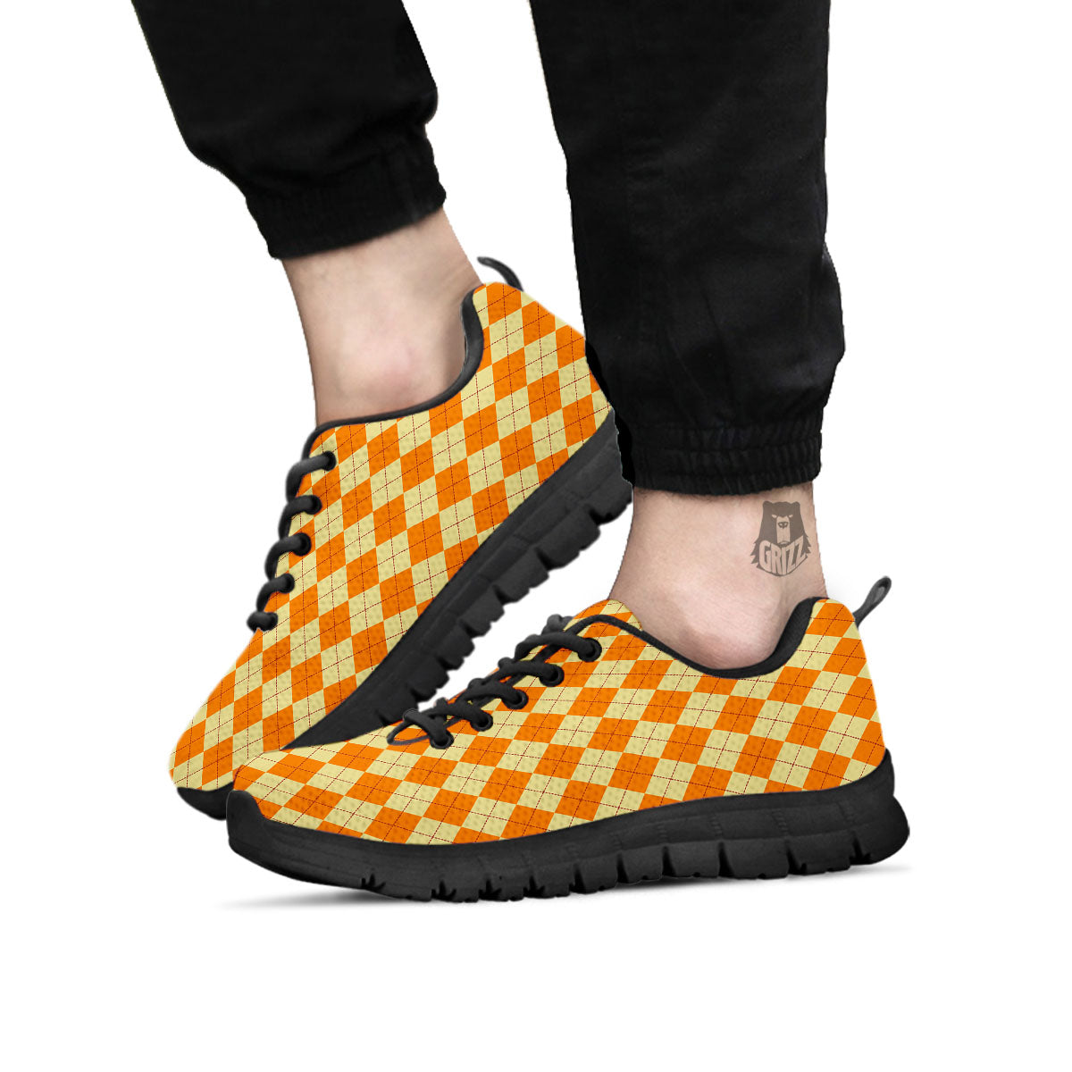 Argyle Orange Print Pattern Black Sneaker-grizzshop