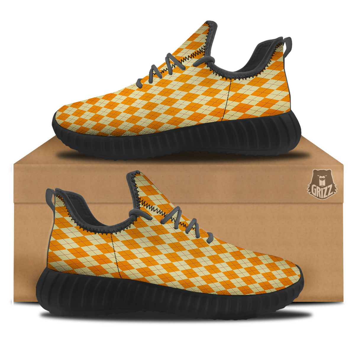 Argyle Orange Print Pattern Black Walking Shoes-grizzshop