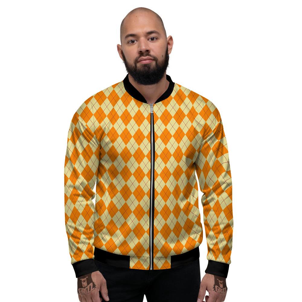 Argyle Orange Print Pattern Men's Bomber Jacket-grizzshop
