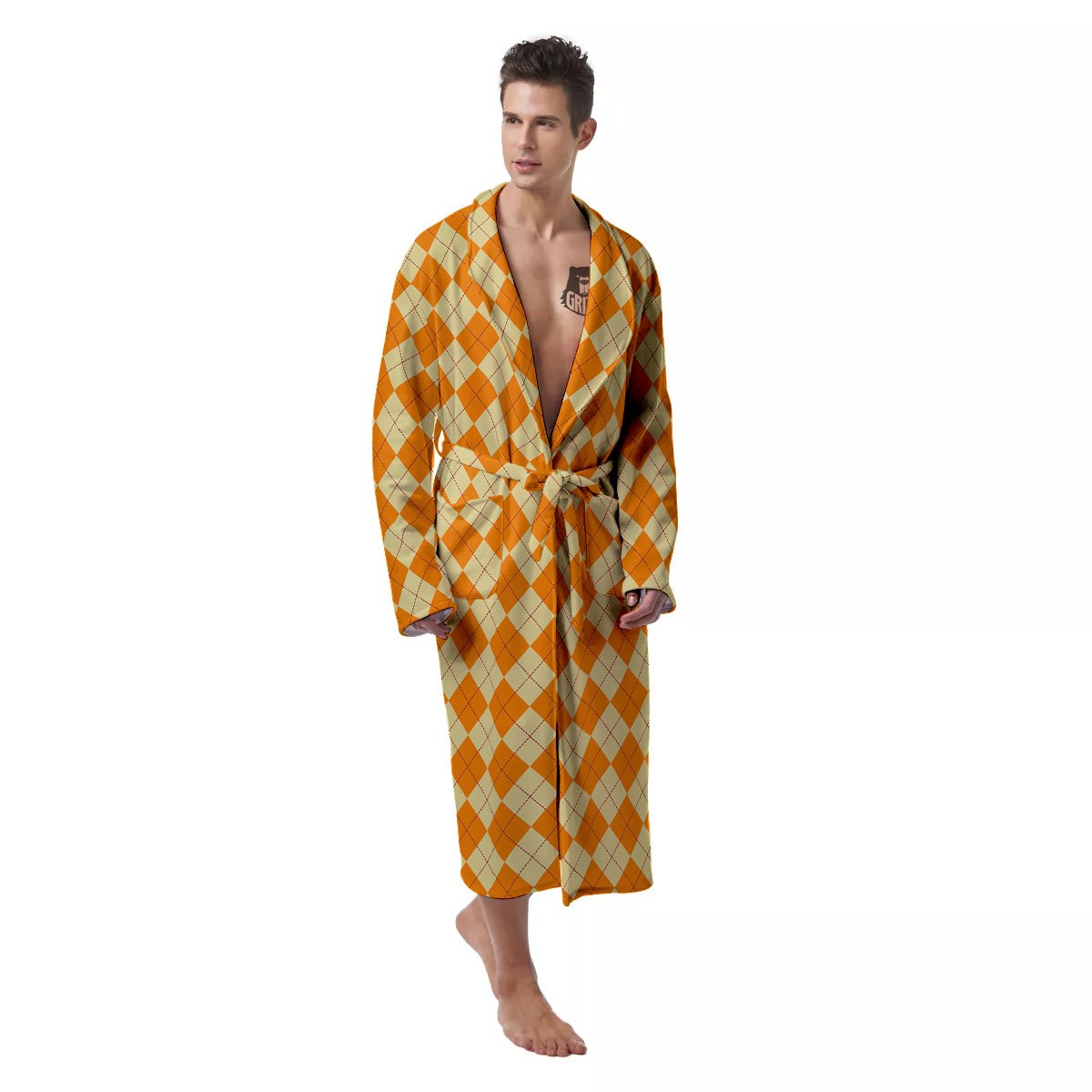 Argyle Orange Print Pattern Men's Robe-grizzshop