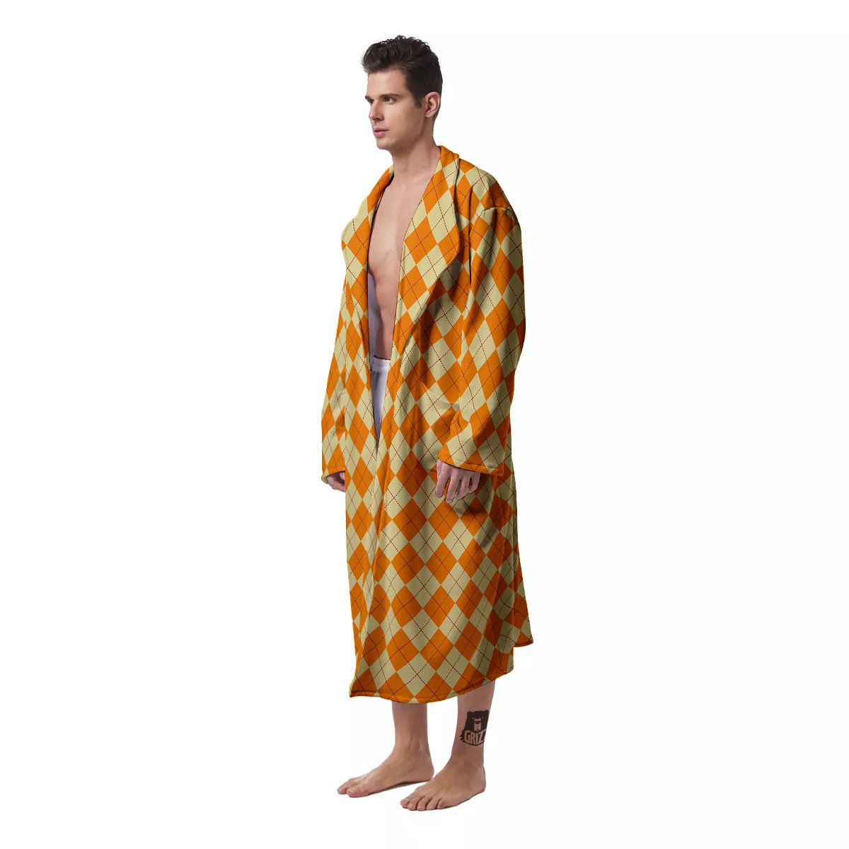 Argyle Orange Print Pattern Men's Robe-grizzshop