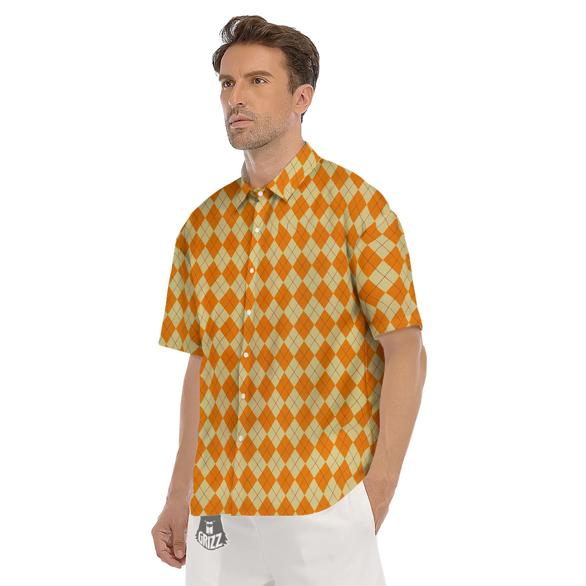 Argyle Orange Print Pattern Men's Short Sleeve Shirts-grizzshop