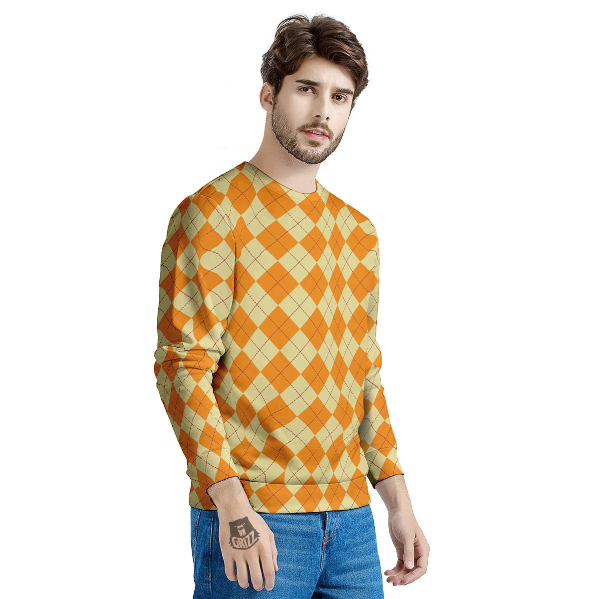 Argyle Orange Print Pattern Men's Sweatshirt-grizzshop