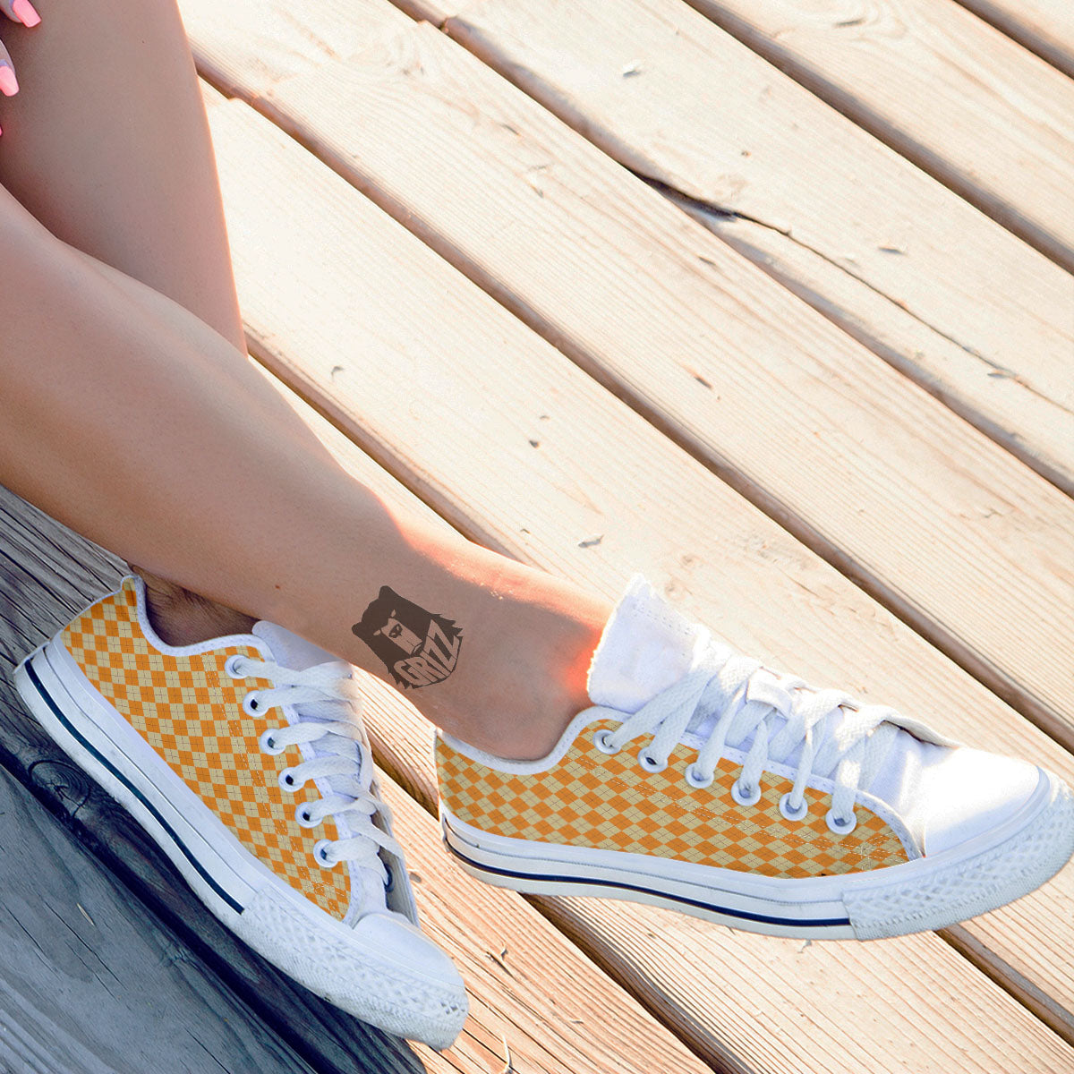Argyle Orange Print Pattern White Low Top Shoes-grizzshop