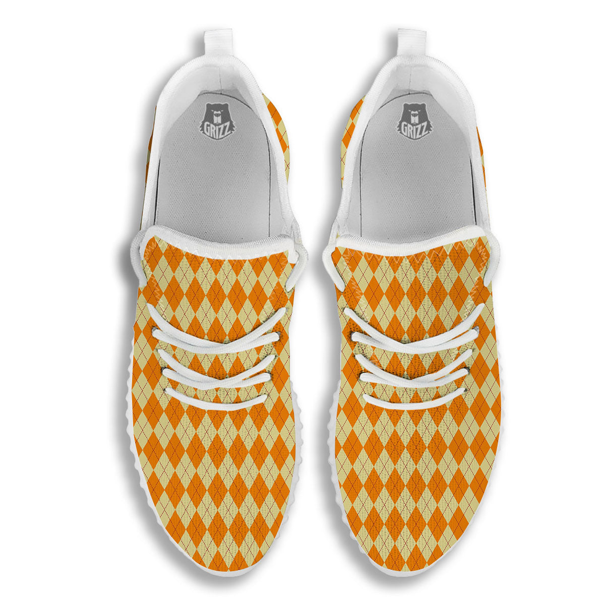 Argyle Orange Print Pattern White Walking Shoes-grizzshop