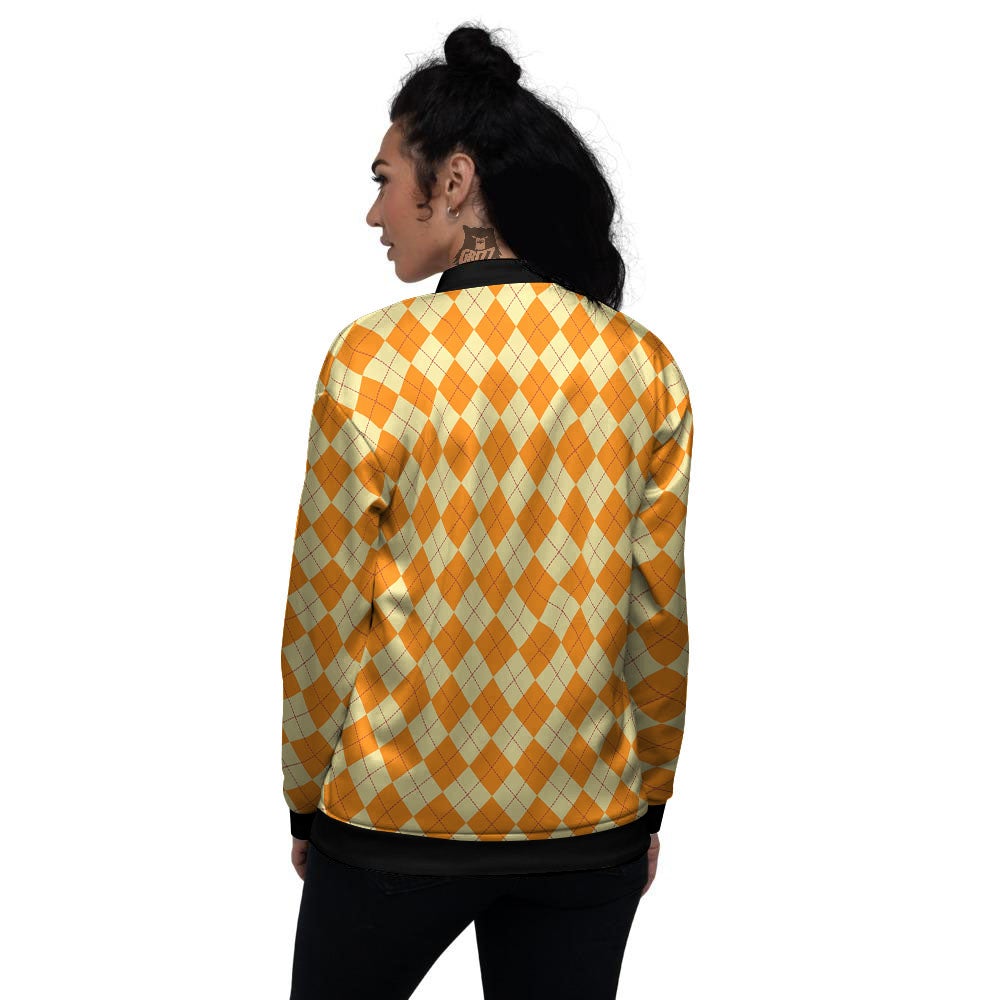 Argyle Orange Print Pattern Women's Bomber Jacket-grizzshop
