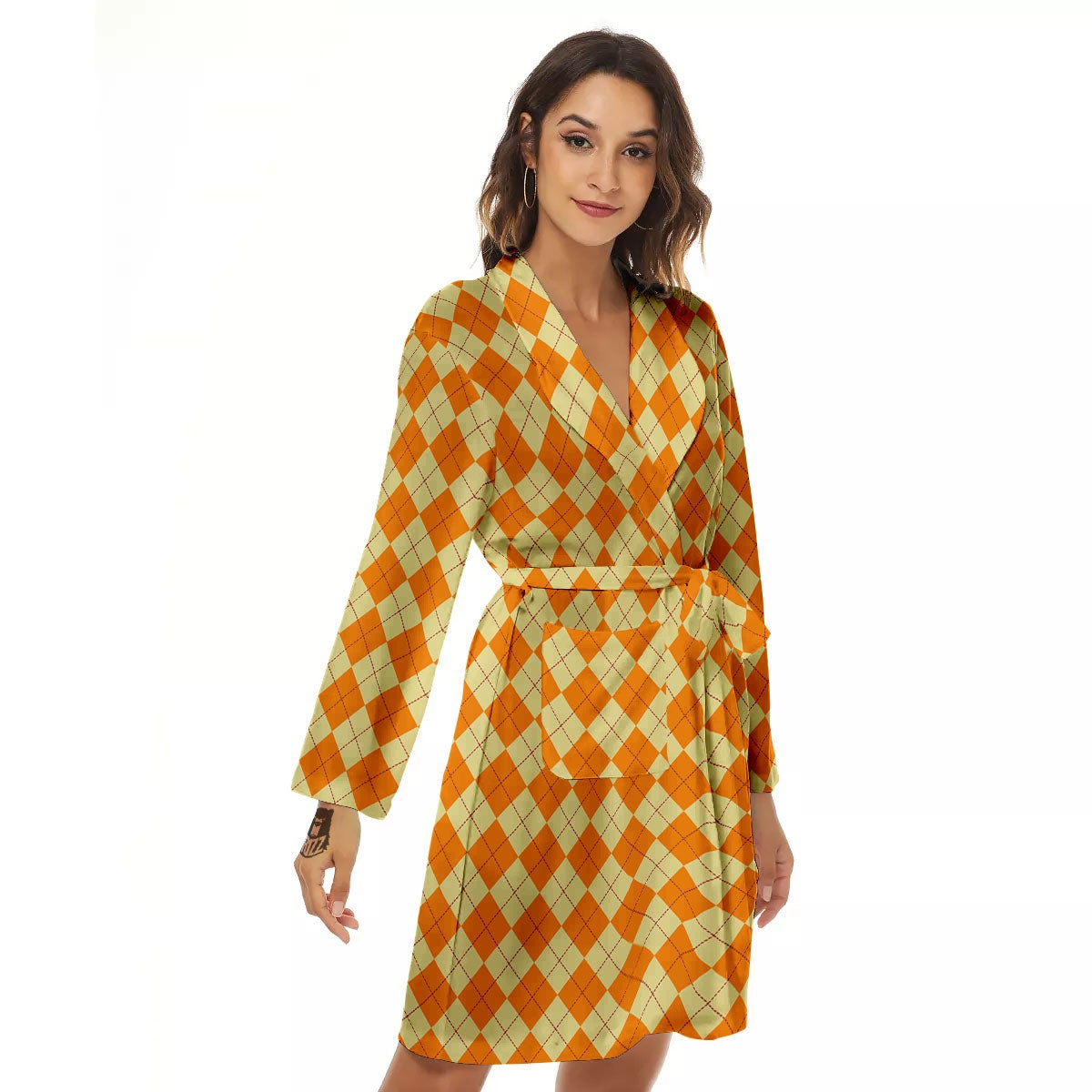 Argyle Orange Print Pattern Women's Robe-grizzshop